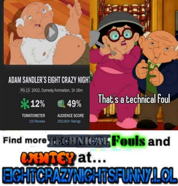 A picture of the Eight Crazy Nights Rotton tomato score which is 12% and Whitey replies with 'That's a technical foul' 