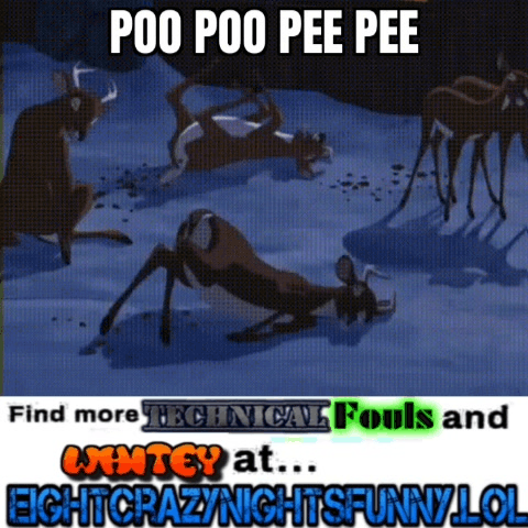 Dears rolling around in the snow while laughing wiht poop coming out of their butts with the caption 'poo poo pee pee' 